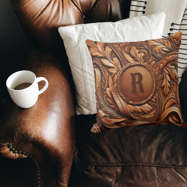 Western Gereed Leather Print Aangepast Initiaal Kussen (Western Tooled Leather Collection 
Custom Initial Throw Pillow)