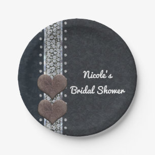 Western Glam Zwarte Leer & Diamanten Bling Feest Papieren Bordje