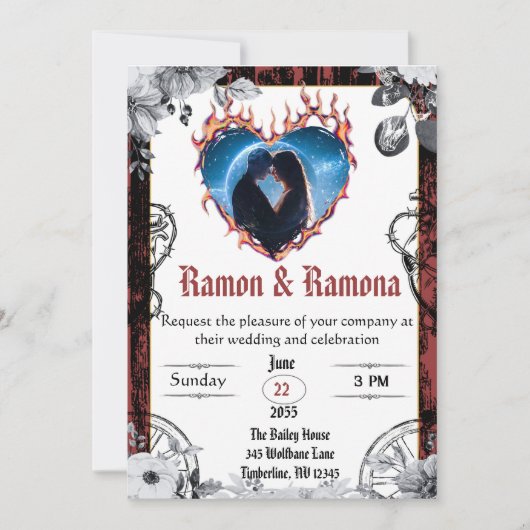 Western Gothic Zwart en Rood Bruiloft Kaart (Voorkant)