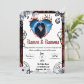 Western Gothic Zwart en Rood Bruiloft Kaart (Staand voorkant)