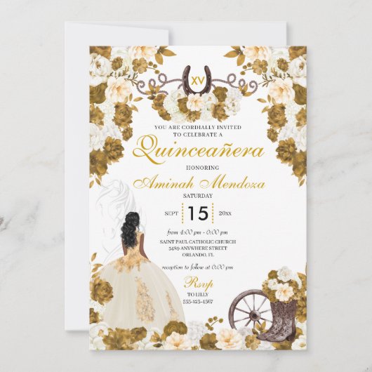 Western Goud Ivoor Charro Cowgirl Quinceañera Kaart (Voorkant)