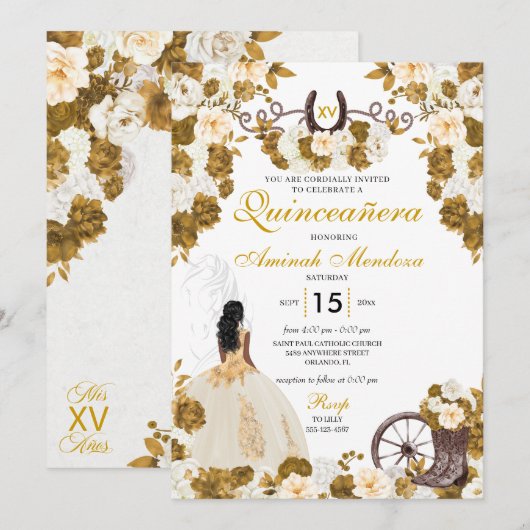 Western Goud Ivoor Charro Cowgirl Quinceañera Kaart (Voorkant / Achterkant)
