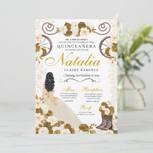 Western Goud & Ivoor Prinses Cowgirl Quinceanera Kaart (Staand voorkant)