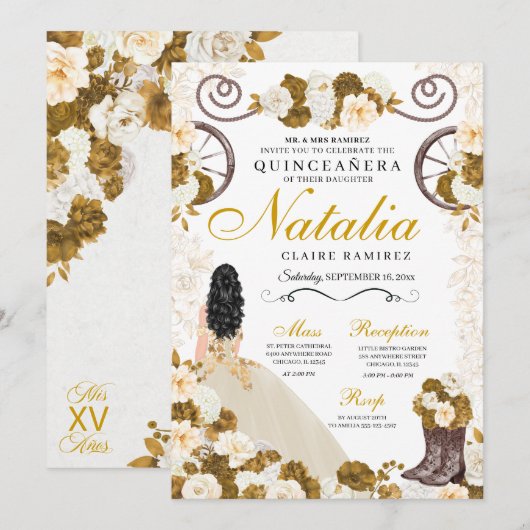 Western Goud & Ivoor Prinses Cowgirl Quinceanera Kaart (Voorkant / Achterkant)