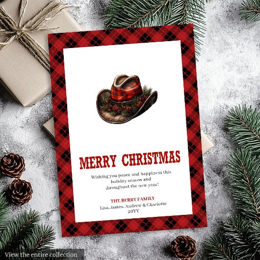 Western greeting card red black tartan border feestdagenkaart