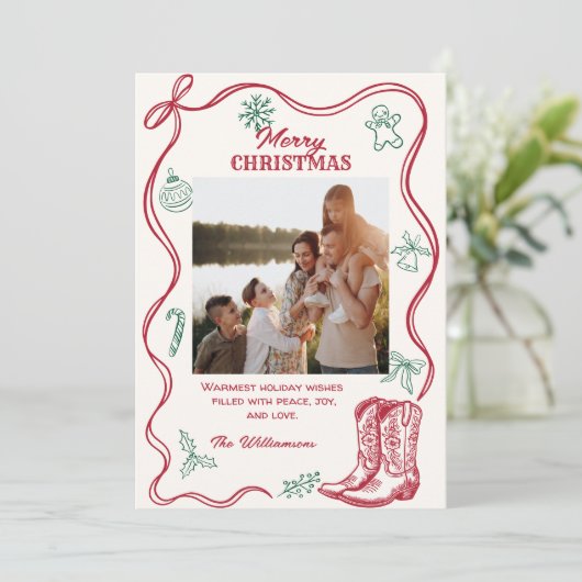 Western Hand Drawn Cowboy Boots Christmas 4 Photos Feestdagenkaart (Staand voorkant)