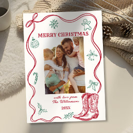 Western Hand Drawn Cowboy Boots Christmas Photo Feestdagenkaart