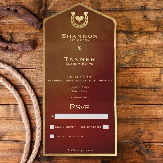 Western Hoefijzer Hart Bourgogne & Goud Geen Diner All In One Uitnodiging