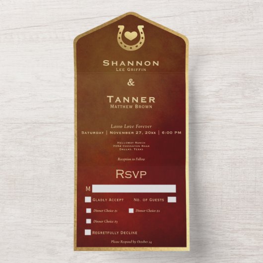 Western Hoefijzer & Hart Bourgondië & Gold Dinner All In One Uitnodiging (Binnen)