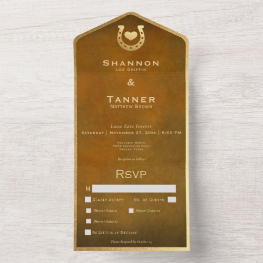 Western Hoefijzer & Hart Bruin & Goud Diner All In One Uitnodiging (Binnen)