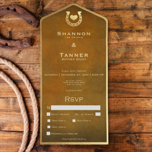 Western Hoefijzer & Hart Bruin & Goud Diner All In One Uitnodiging