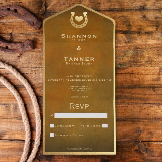 Western Hoefijzer & Hart Bruin & Goud Geen diner All In One Uitnodiging