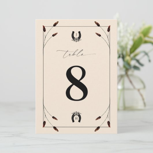 Western Hoefijzer Monogram Tafel Nummer 8 Huwelijk Kaart (Staand voorkant)