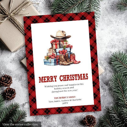 Western holiday card buffalo plaid typography feestdagenkaart