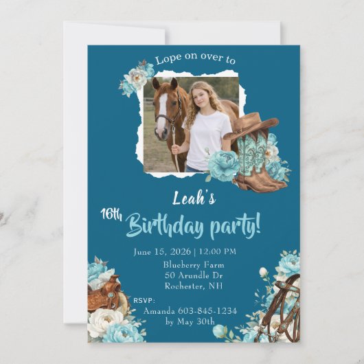 Western Horse Floral Birthday Invitation – Navy Kaart (Voorkant)