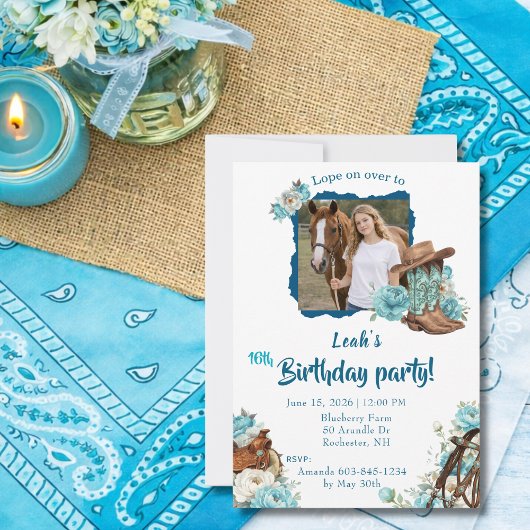 Western Horse Floral Birthday Invitation – White Kaart