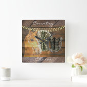 Western Horse Horseshoe Wagon Wheel Cowboy Boots Vierkante Klok (Huis)