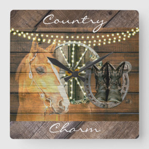 Western Horse Horseshoe Wagon Wheel Cowboy Boots Vierkante Klok
