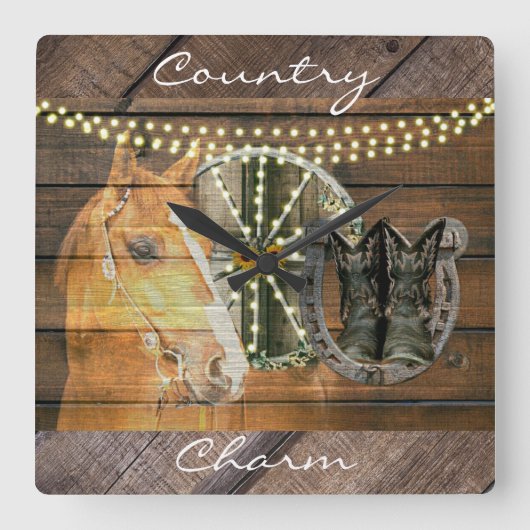 Western Horse Horseshoe Wagon Wheel Cowboy Boots Vierkante Klok (Voorkant)