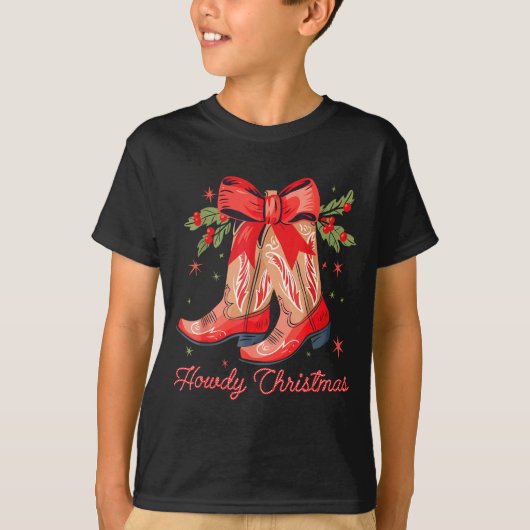 Western Howdy Christmas Cowgirl Boot Coquette Bow  T-shirt (Voorkant)