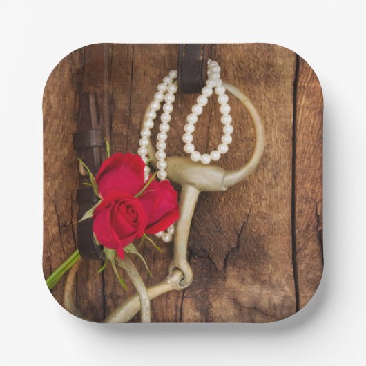 Western huwelijk rode rozen en paardenbit papieren bordje (Voorkant)