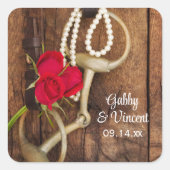 Western huwelijk rode rozen en paardenbit vierkante sticker (Voorkant)