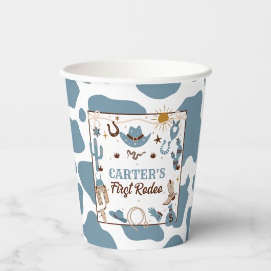 Western Jongen 1e Rodeo Verjaardag Blauwe Feestbek Papieren Bekers (Achterkant)