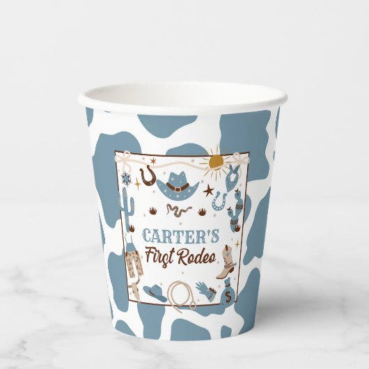 Western Jongen 1e Rodeo Verjaardag Blauwe Feestbek Papieren Bekers (Voorkant)