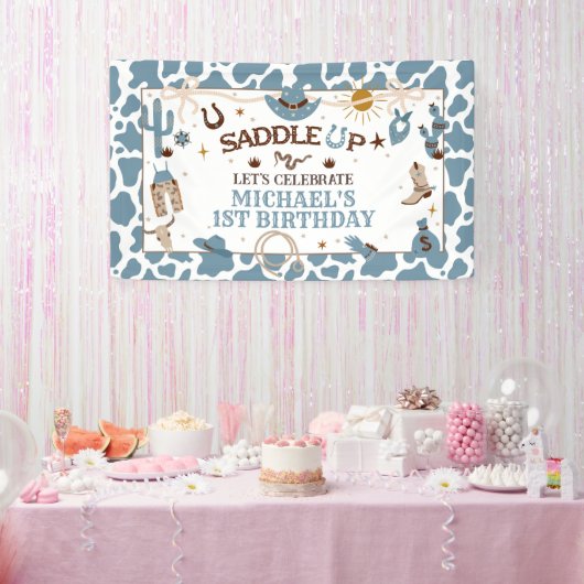 Western Jongen Eerste Rodeo Blauwe Verjaardagsbann Spandoek (Feest)