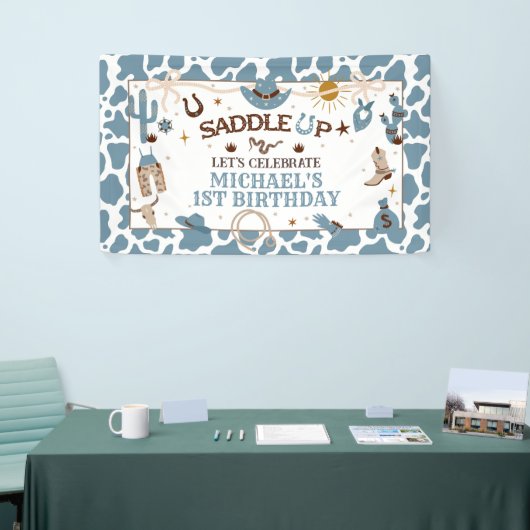 Western Jongen Eerste Rodeo Blauwe Verjaardagsbann Spandoek (Beurs)