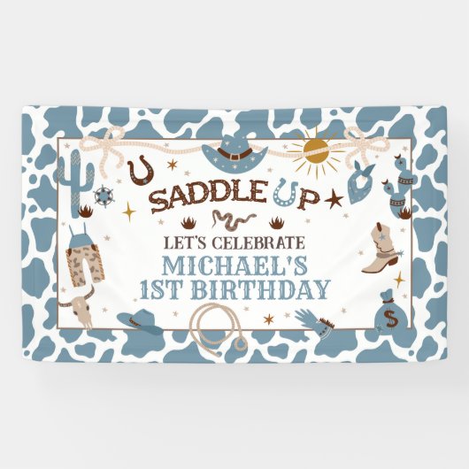 Western Jongen Eerste Rodeo Blauwe Verjaardagsbann Spandoek (Horizontaal)