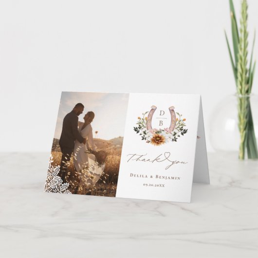 Western kant Hoefijzer hart script bruiloft foto Bedankkaart (Voorkant)