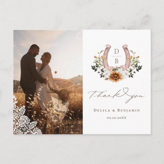 Western kant Hoefijzer hart script bruiloft foto Briefkaart (Voorkant)