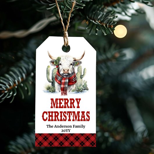 Western Kerst plaid bewerkbare tag hoogland koe Cadeaulabel