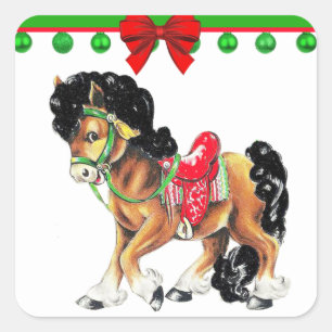 Western kersttaartje Pony met zadels Vierkante Sticker