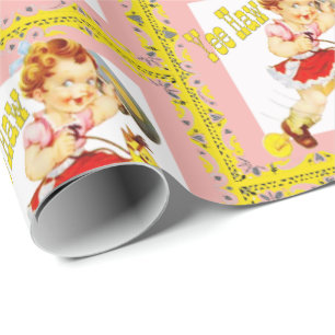 Western klein meisje op de stok cadeaupapier