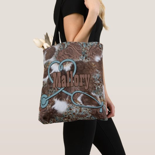 Western Koeienhuid Turquoise Brown Leather Nurse Tote Bag (Dichtbij)