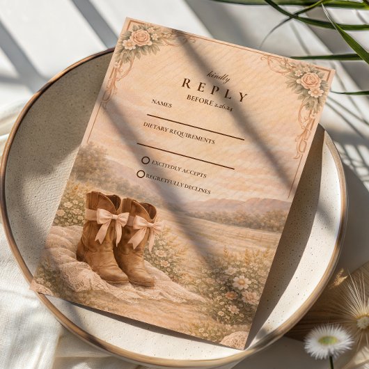 Western Lace Cowboy Boots Wedding RSVP Kaartje