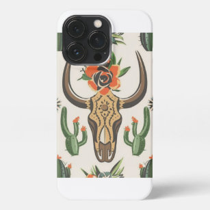 Western Land Aztec Bull Skull cactus Cactussen iPhone 13 Pro Hoesje