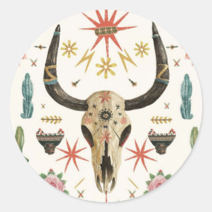 Western Land Aztec Bull Skull cactus Cactussen Ronde Sticker