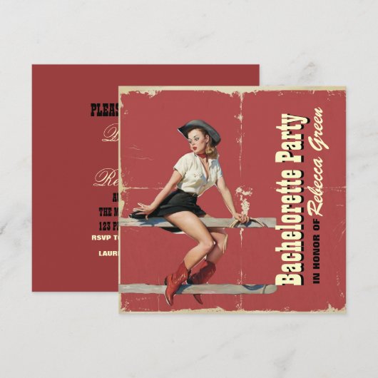 western land bachelorette : retro cowgirl kaart (Voorkant / Achterkant)