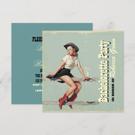 western land bachelorette : retro cowgirl kaart (Voorkant / Achterkant)