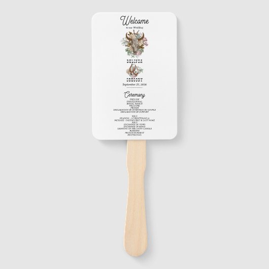 Western Land Boho Koe Schedel Wedding Programma Handwaaier (Voorkant)