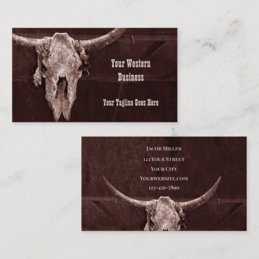 Western Land Bruin Rustic Cowboy Bull Koe Skull Visitekaartje (Voorkant / Achterkant)