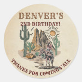 Western land Cowboy Birthday Bedankt Ronde Sticker (Voorkant)