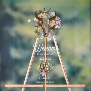 Western Land Cowboy Boho Koe Schedel Huwelijk Acryl Bord