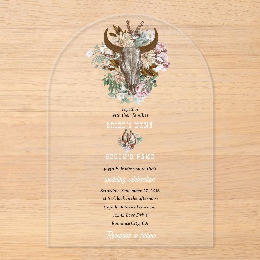 Western Land Cowboy Boho Koe Schedel Huwelijk Acryl Uitnodigingen (Voorkant)