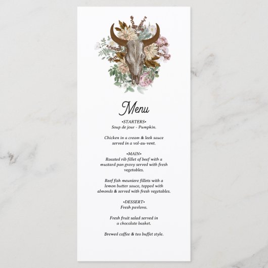Western Land Cowboy Boho Koe Schedel Huwelijk Menu (Voorkant)