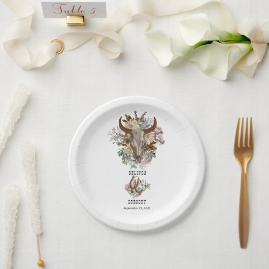 Western Land Cowboy Boho Koe Schedel Huwelijk Papieren Bordje (Huwelijk)