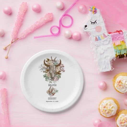 Western Land Cowboy Boho Koe Schedel Huwelijk Papieren Bordje (Feest)